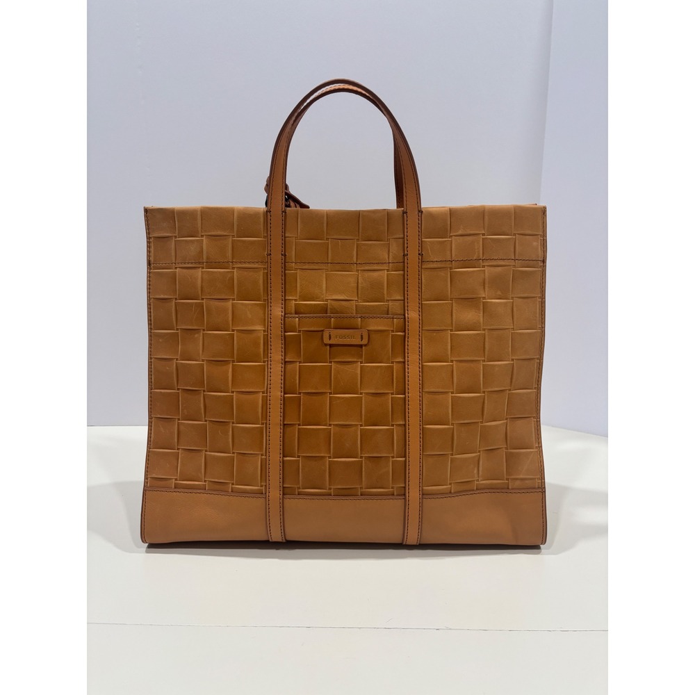 Fossil Carmen Tote Bag Tan Brown Leather Woven Basketweave Tassel Charm Handbag
